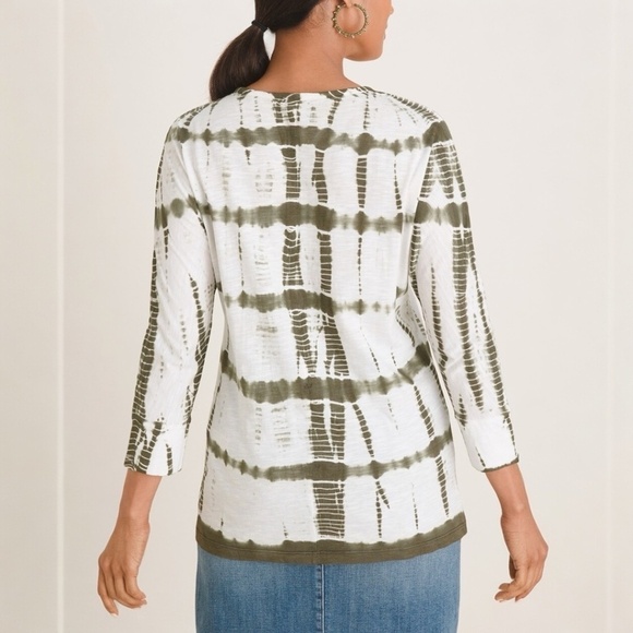 Chico's Knit Top 3/4-Sleeve Tie-Dye Pattern Deep Olive Top XL - Picture 2 of 2